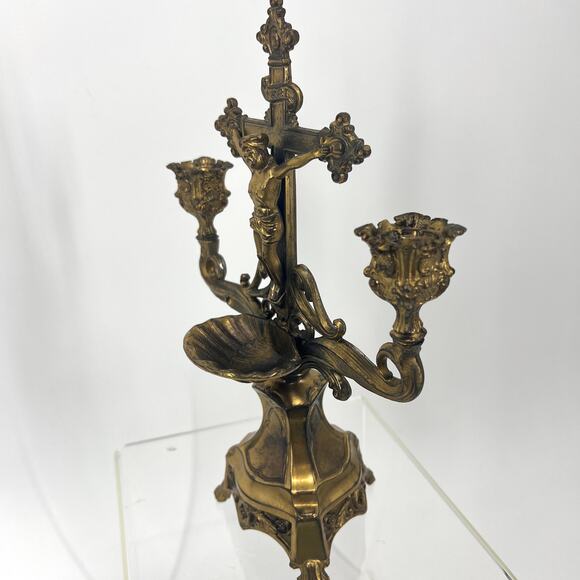 Antique Standing Crucifix Candelabra Holy Water Holder Sick Visit Last Rights - Picture 7 of 9